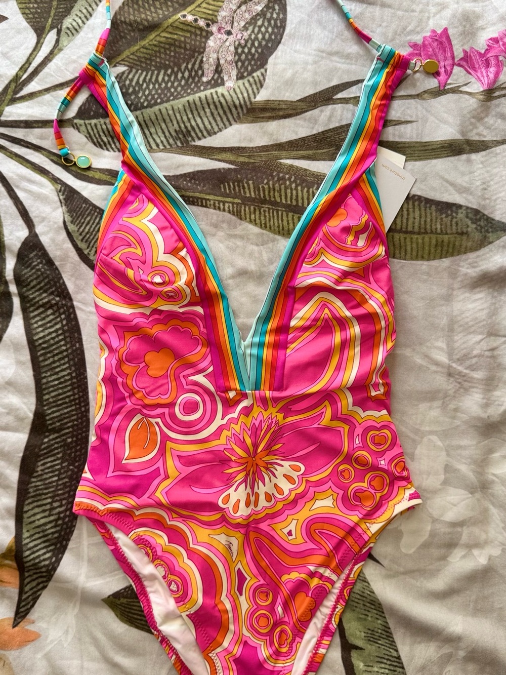 Trina Turk Pink Floral-Print One-Piece Swimsuit with Turquoise Trim